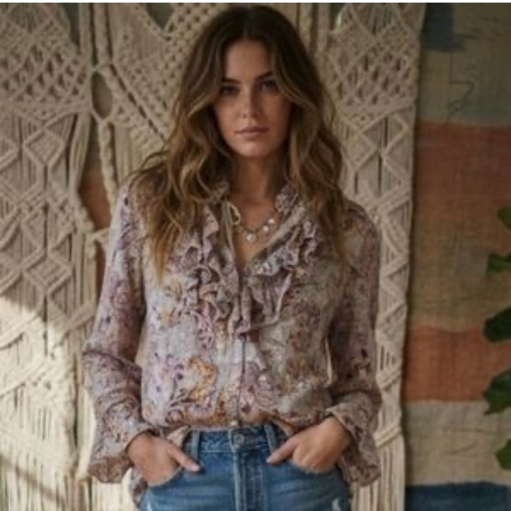 Womens Ruffle Front Floral Button-Down Shirt - Lavender